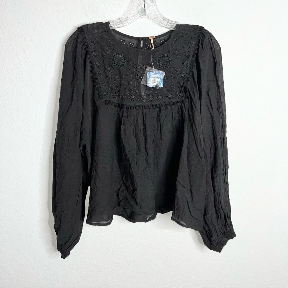 Free People Top Women Small Shirt Blouse Black Semi Sheer Valencia Babydoll E